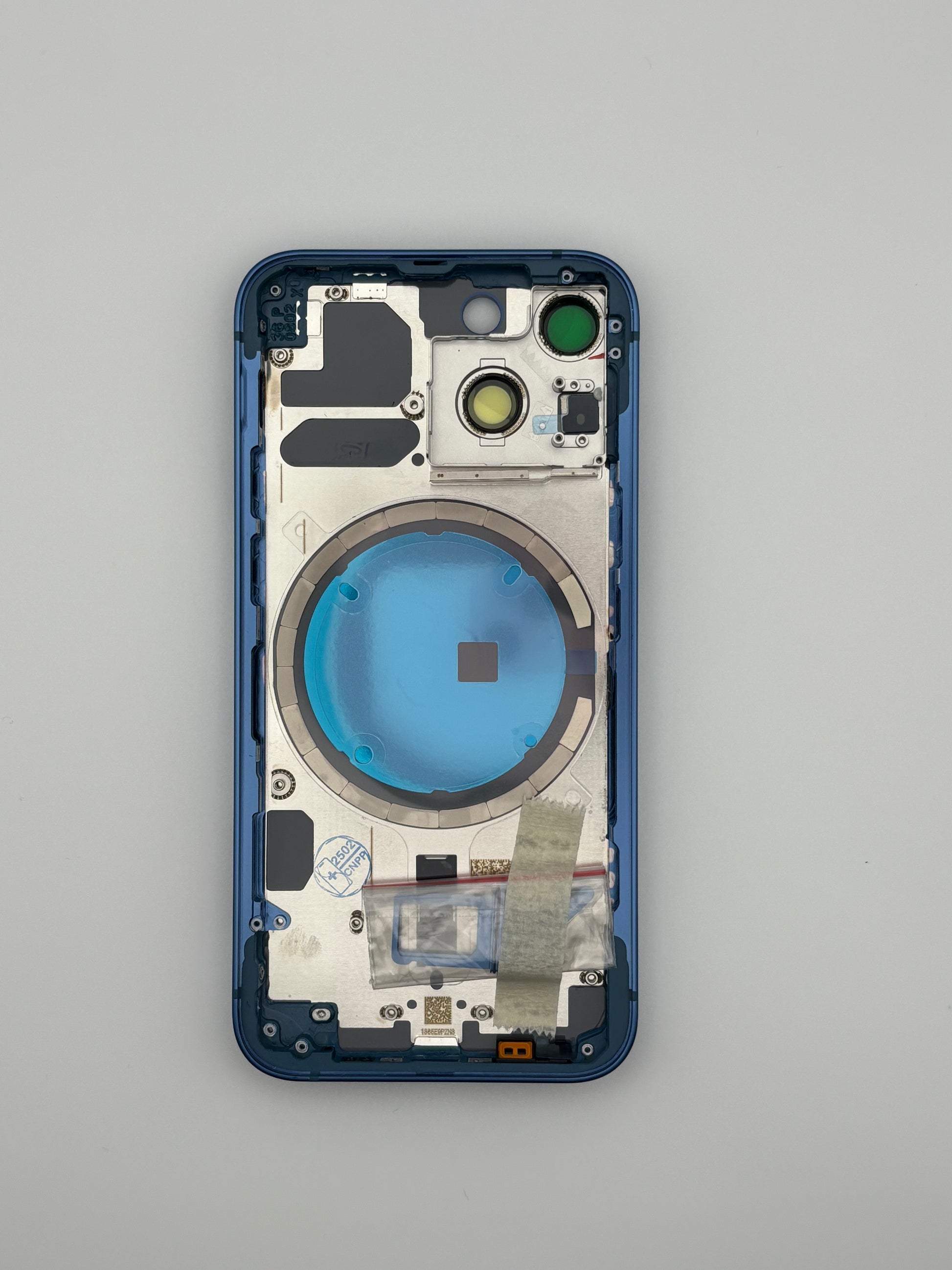 iPhone 13 rear housing in blue – OEM style frame with SIM tray and buttons (Front)

